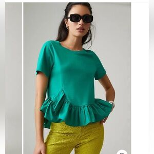 Anthropologie Maeve Green Ruffle Hem Top peplum short sleeve ruffle cropped XXS